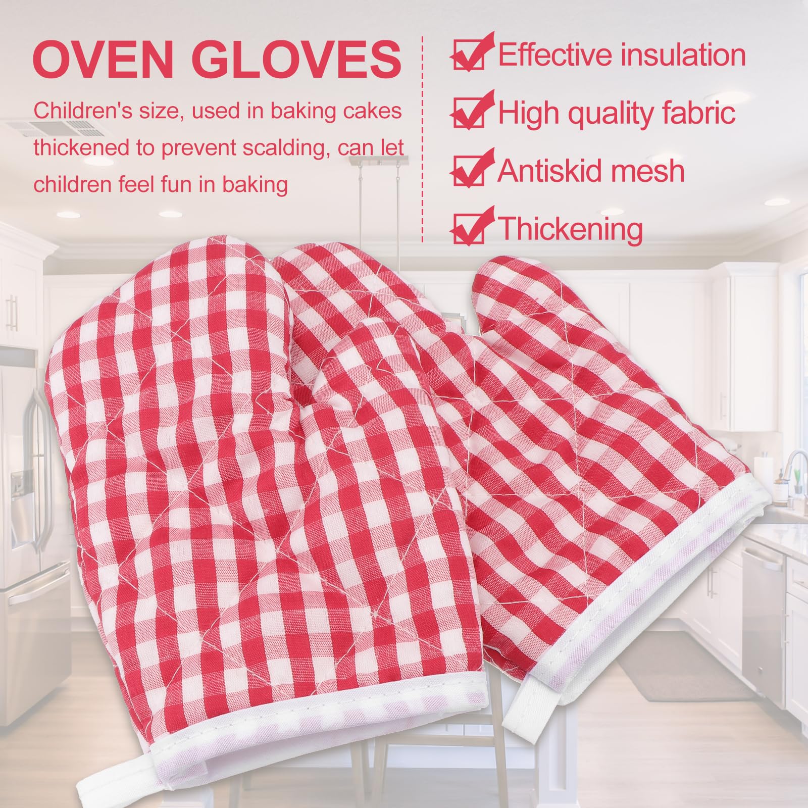 2Pcs Oven Mitts For Play Kitchen, Microwave Oven Gloves Kitchen Baking Mitts, Red Checkered Kitchen Mitts For Safe Backing Cooki